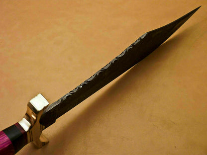 Handmade Damascus Steel Bowie Hunting Knife with Hardwood Handle and Leather Sheath