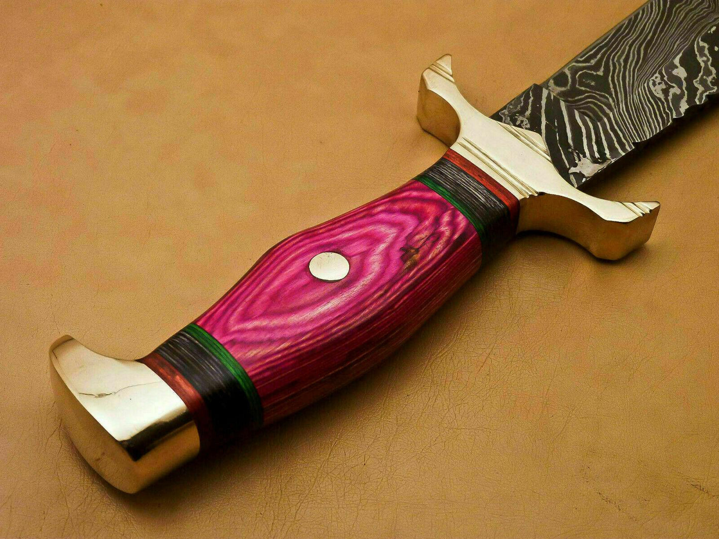 Handmade Damascus Steel Bowie Hunting Knife with Hardwood Handle and Leather Sheath