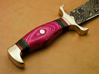 Handmade Damascus Steel Bowie Hunting Knife with Hardwood Handle and Leather Sheath