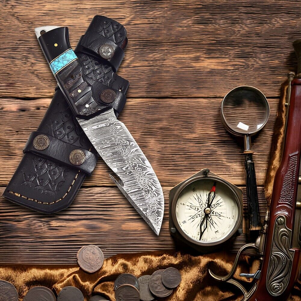Heritage Forge 8.3 Inch Damascus Tactical Bowie Knife with Micarta Handle and Leather Sheath for Hunting and Camping