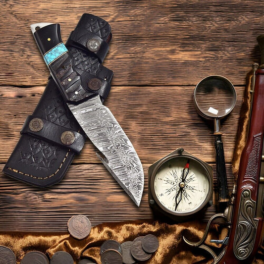 Heritage Forge 8.3 Inch Damascus Tactical Bowie Knife with Micarta Handle and Leather Sheath for Hunting and Camping