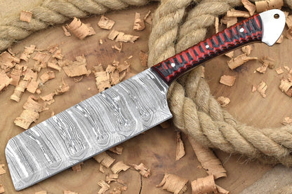 Custom Handmade Damascus Steel Kitchen Chef Knife | 11" Forged Blade with Red & Black Dollar Cleaver Handle