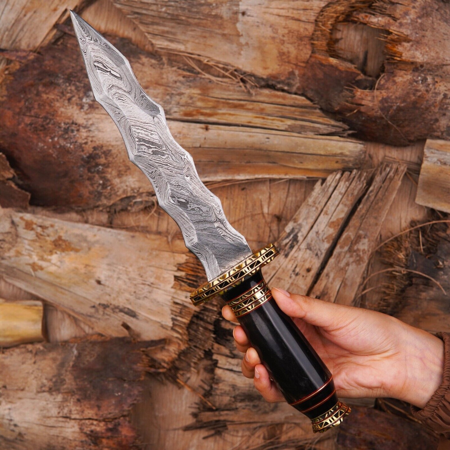 Heritage Forge Full Tang Damascus Steel Classic Bowie Knife with Resin Handle – Handmade Hunting Knife with Leather Sheath