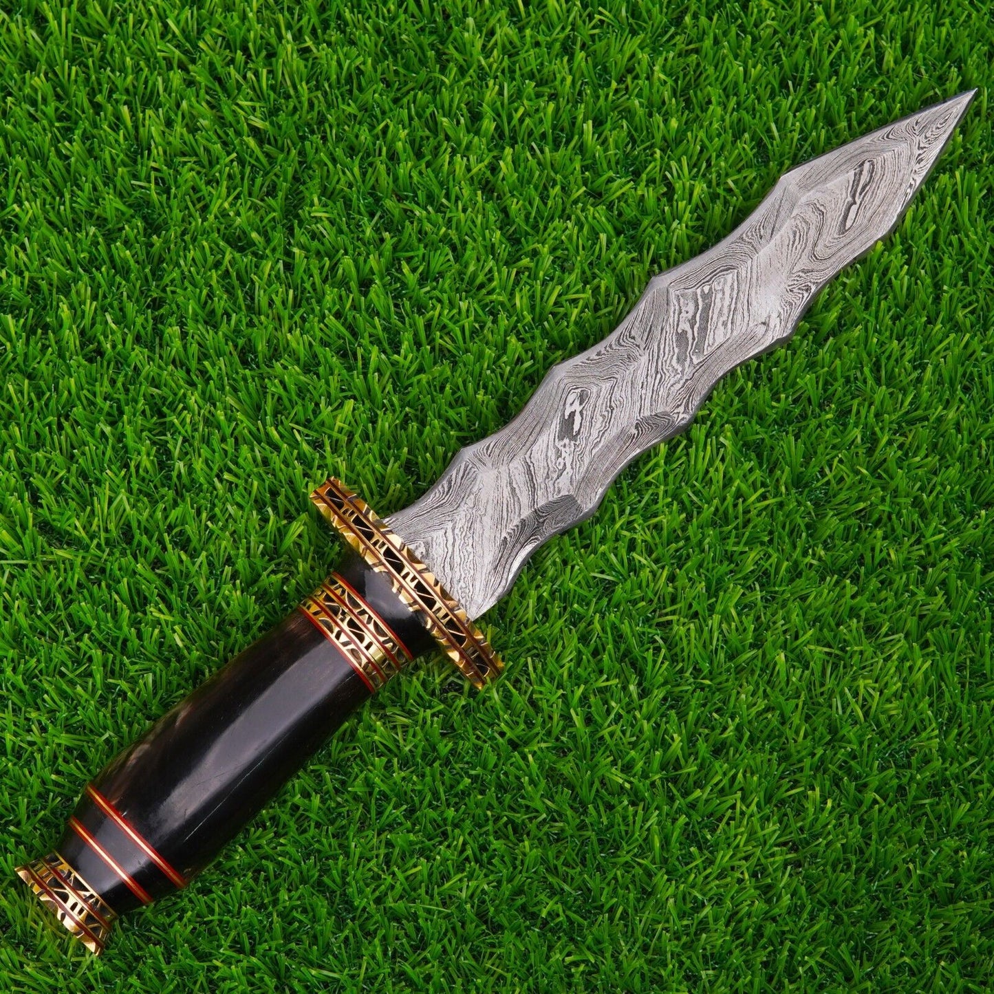 Heritage Forge Full Tang Damascus Steel Classic Bowie Knife with Resin Handle – Handmade Hunting Knife with Leather Sheath
