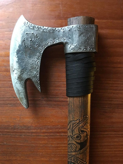 Hand-Forged Viking Battle Axe | Custom Hatchet with Hand-Carved Hickory Handle