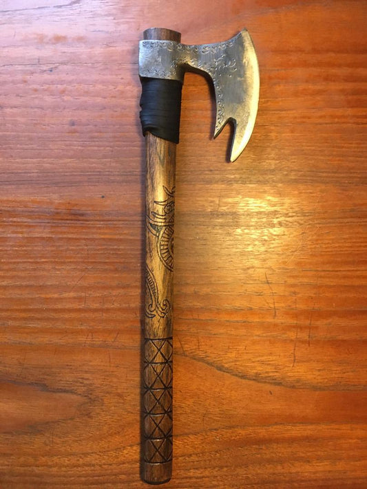 Hand-Forged Viking Battle Axe | Custom Hatchet with Hand-Carved Hickory Handle