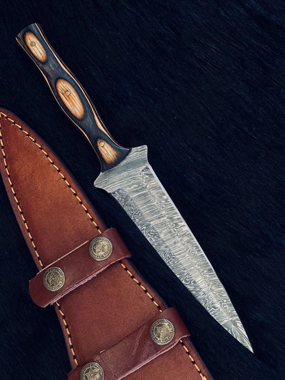 Heritage Forge Custom Fire Damascus Hunting Dagger with Wood Handle