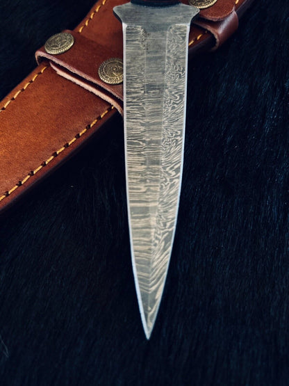 Heritage Forge Custom Fire Damascus Hunting Dagger with Wood Handle