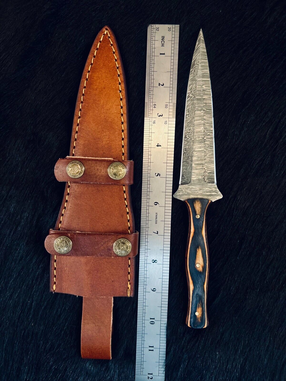Heritage Forge Custom Fire Damascus Hunting Dagger with Wood Handle