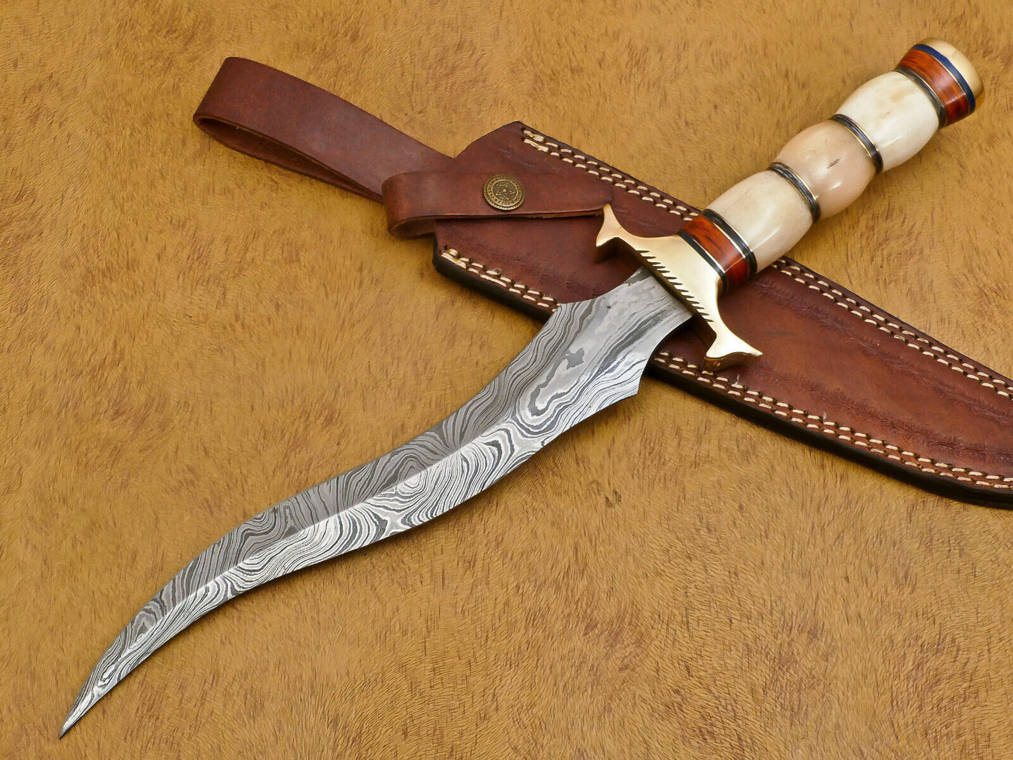 13"  Damascus Bowie Knife – Camel Bone & Pakka Wood Handle with Brass Guard