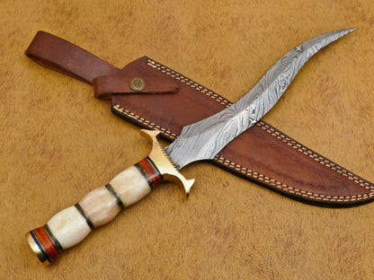 13"  Damascus Bowie Knife – Camel Bone & Pakka Wood Handle with Brass Guard