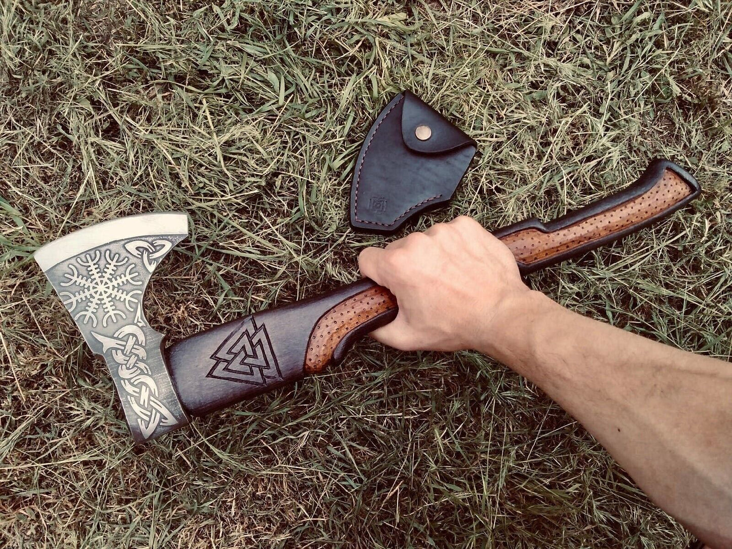 Hand Forged Authentic Viking Axe Damascus Steel War Axe with Sheath