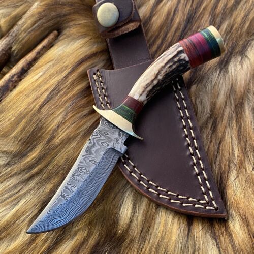 Heritage Forge Damascus Steel Hunting Bowie Knife with Antler Handle and Leather Sheath