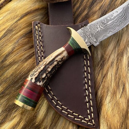 Heritage Forge Damascus Steel Hunting Bowie Knife with Antler Handle and Leather Sheath