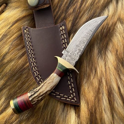 Heritage Forge Damascus Steel Hunting Bowie Knife with Antler Handle and Leather Sheath