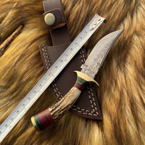 Heritage Forge Damascus Steel Hunting Bowie Knife with Antler Handle and Leather Sheath