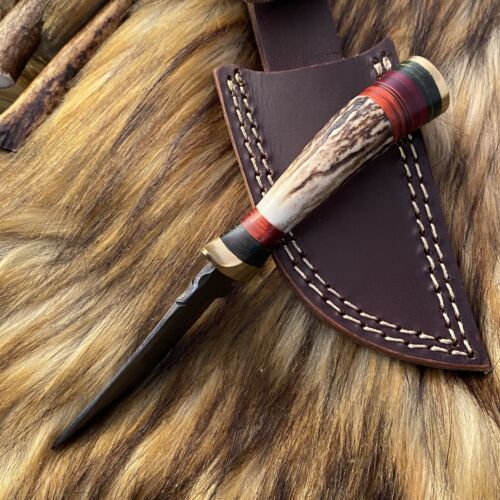 Heritage Forge Damascus Steel Hunting Bowie Knife with Antler Handle and Leather Sheath