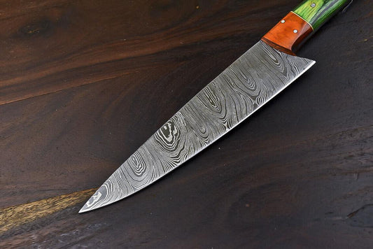 Hand Forged Damascus Steel Chef Knife | Hard Wood Handle & Wooden Bolster | 12.5" Full Tang Hunting & Camping Knife