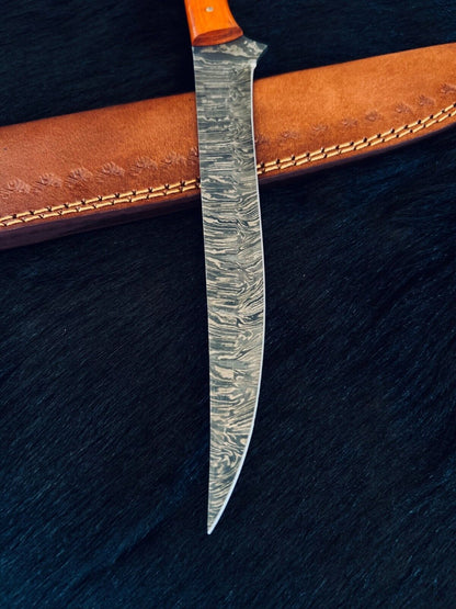 12.5" Custom Handmade Fire Damascus Steel Fillet Knife Damascus Steel Fillet Knife