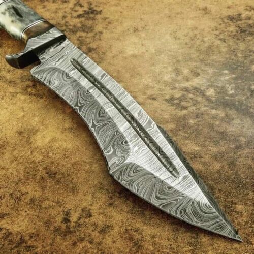 15 Inch Handmade Damascus Bowie Knife with Crown Stag and Bone Handle