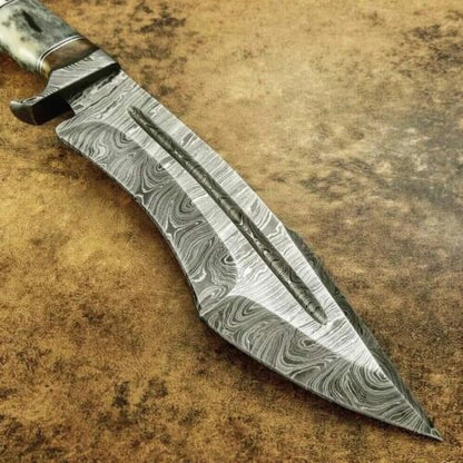 15 Inch Handmade Damascus Bowie Knife with Crown Stag and Bone Handle