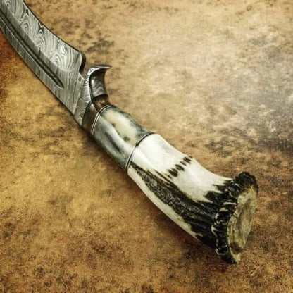 15 Inch Handmade Damascus Bowie Knife with Crown Stag and Bone Handle