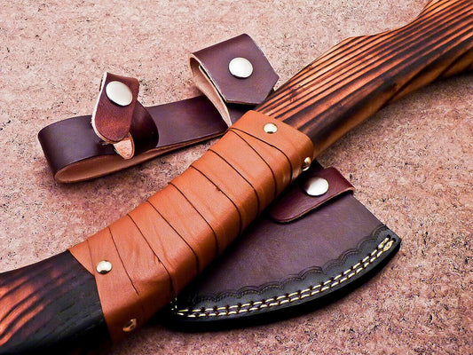 Hand Forged Carbon Steel Viking Bearded Axe 19" Hatchet Tomahawk with Wood Handle and Leather Sheath
