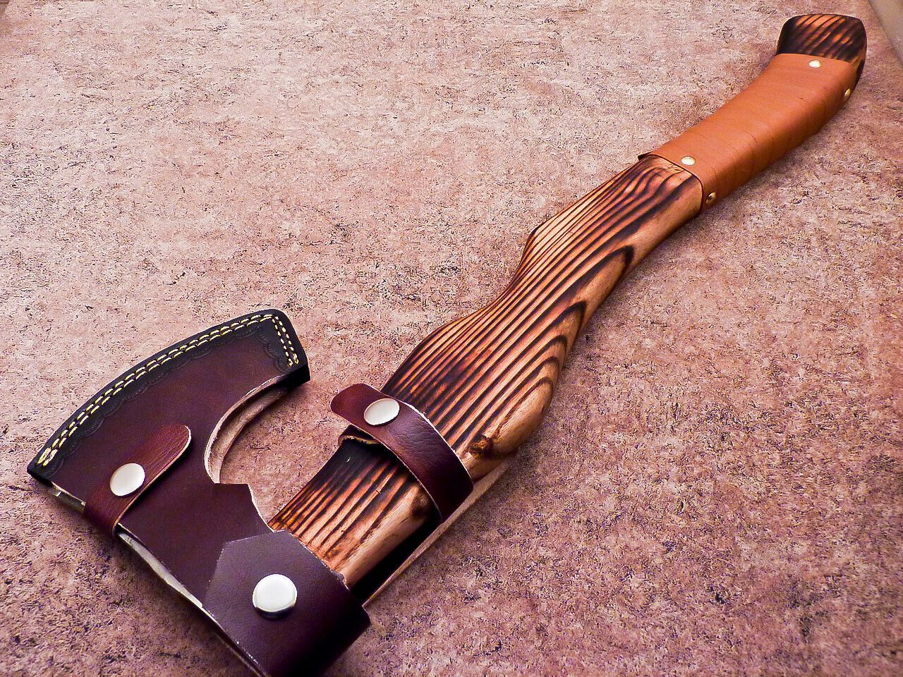Hand Forged Carbon Steel Viking Bearded Axe 19" Hatchet Tomahawk with Wood Handle and Leather Sheath