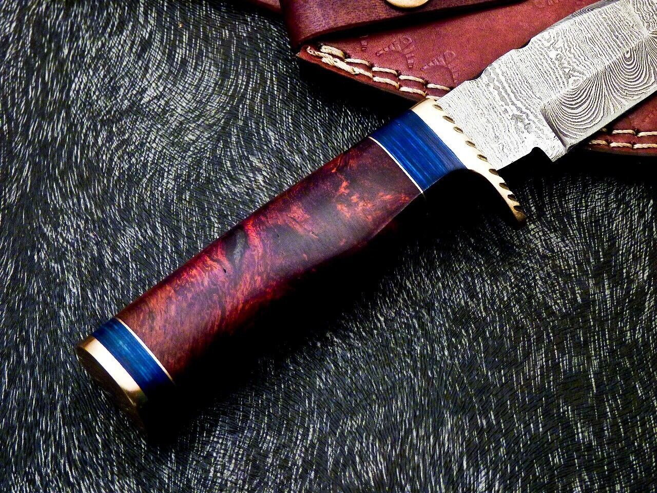 Heritage Forge 8 Inch Damascus Bowie Knife with Natural Wood Handle and Brass Bolster