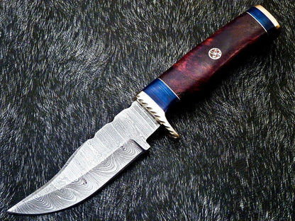 Heritage Forge 8 Inch Damascus Bowie Knife with Natural Wood Handle and Brass Bolster