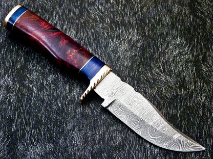 Heritage Forge 8 Inch Damascus Bowie Knife with Natural Wood Handle and Brass Bolster