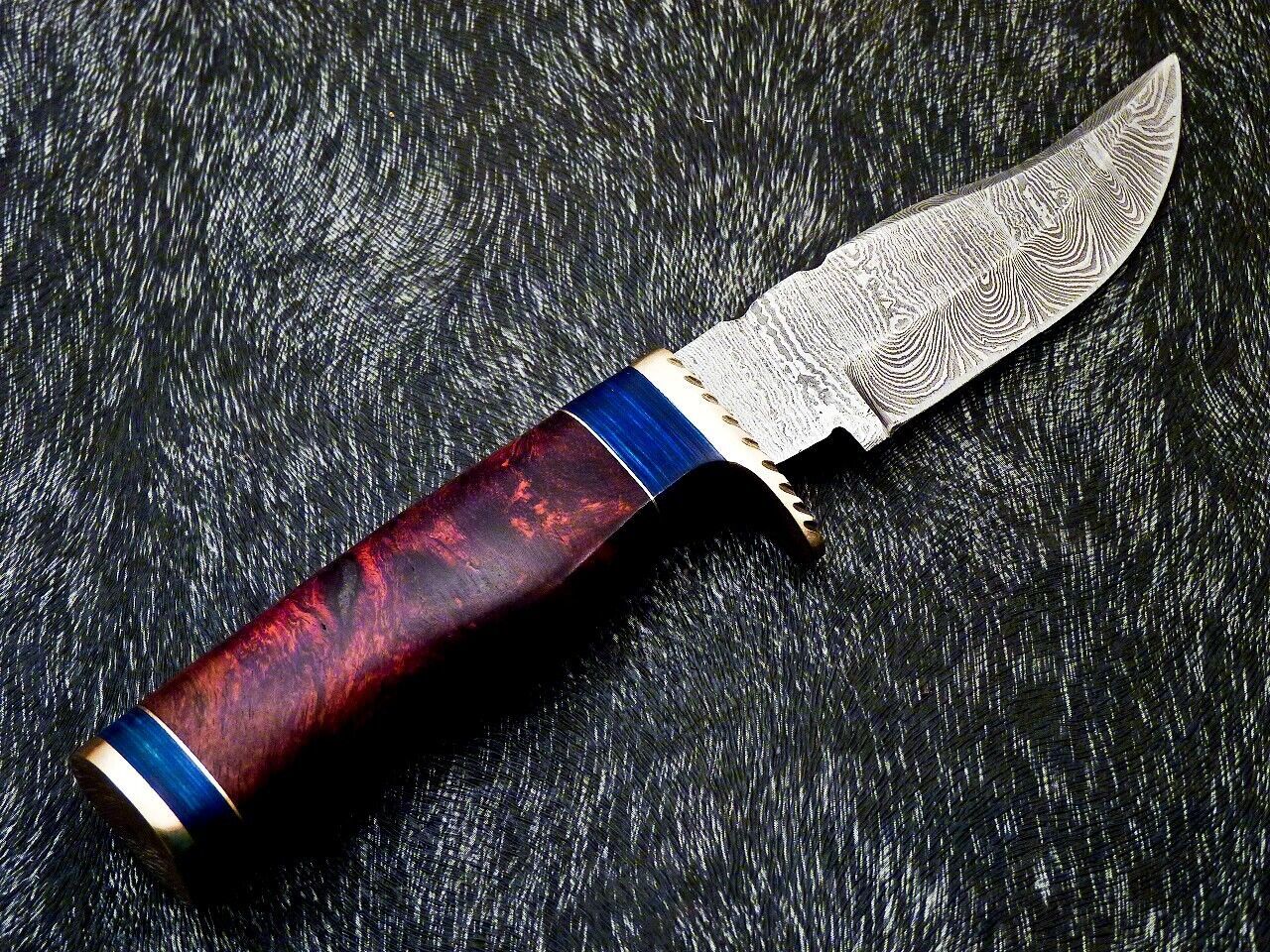 Heritage Forge 8 Inch Damascus Bowie Knife with Natural Wood Handle and Brass Bolster