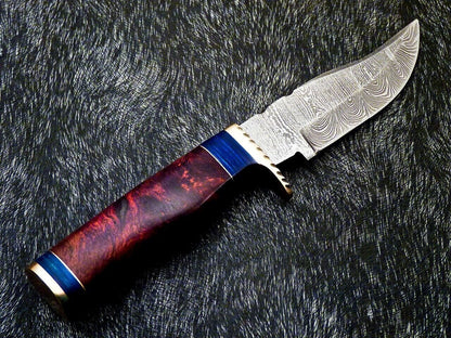 Heritage Forge 8 Inch Damascus Bowie Knife with Natural Wood Handle and Brass Bolster