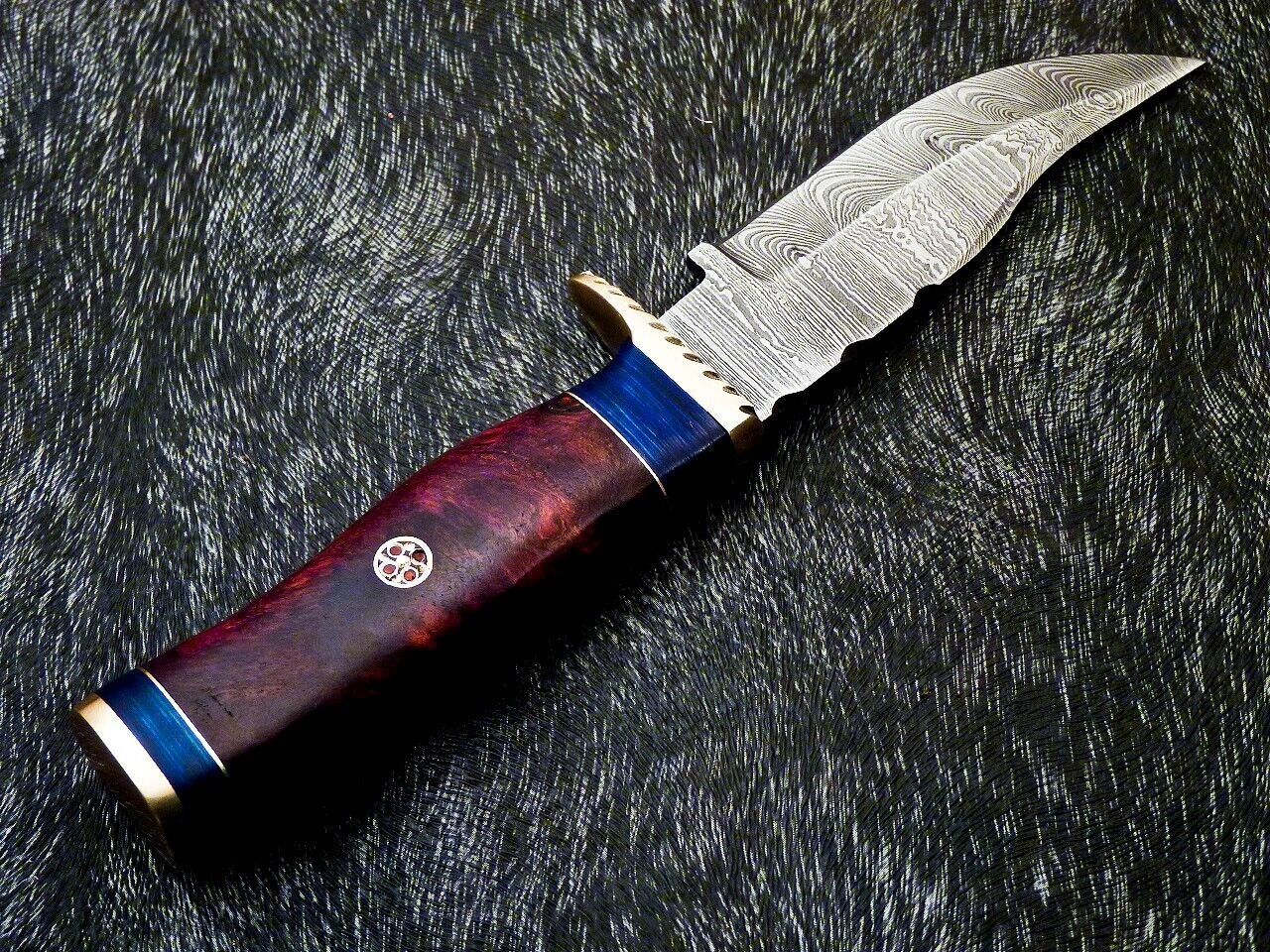 Heritage Forge 8 Inch Damascus Bowie Knife with Natural Wood Handle and Brass Bolster