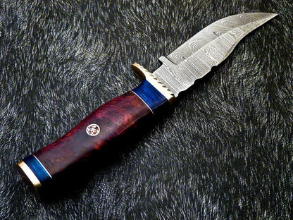 Heritage Forge 8 Inch Damascus Bowie Knife with Natural Wood Handle and Brass Bolster