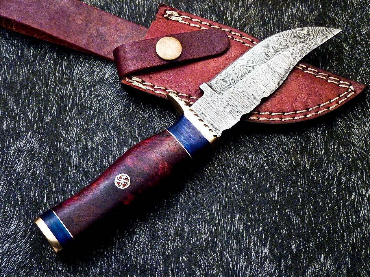 Heritage Forge 8 Inch Damascus Bowie Knife with Natural Wood Handle and Brass Bolster