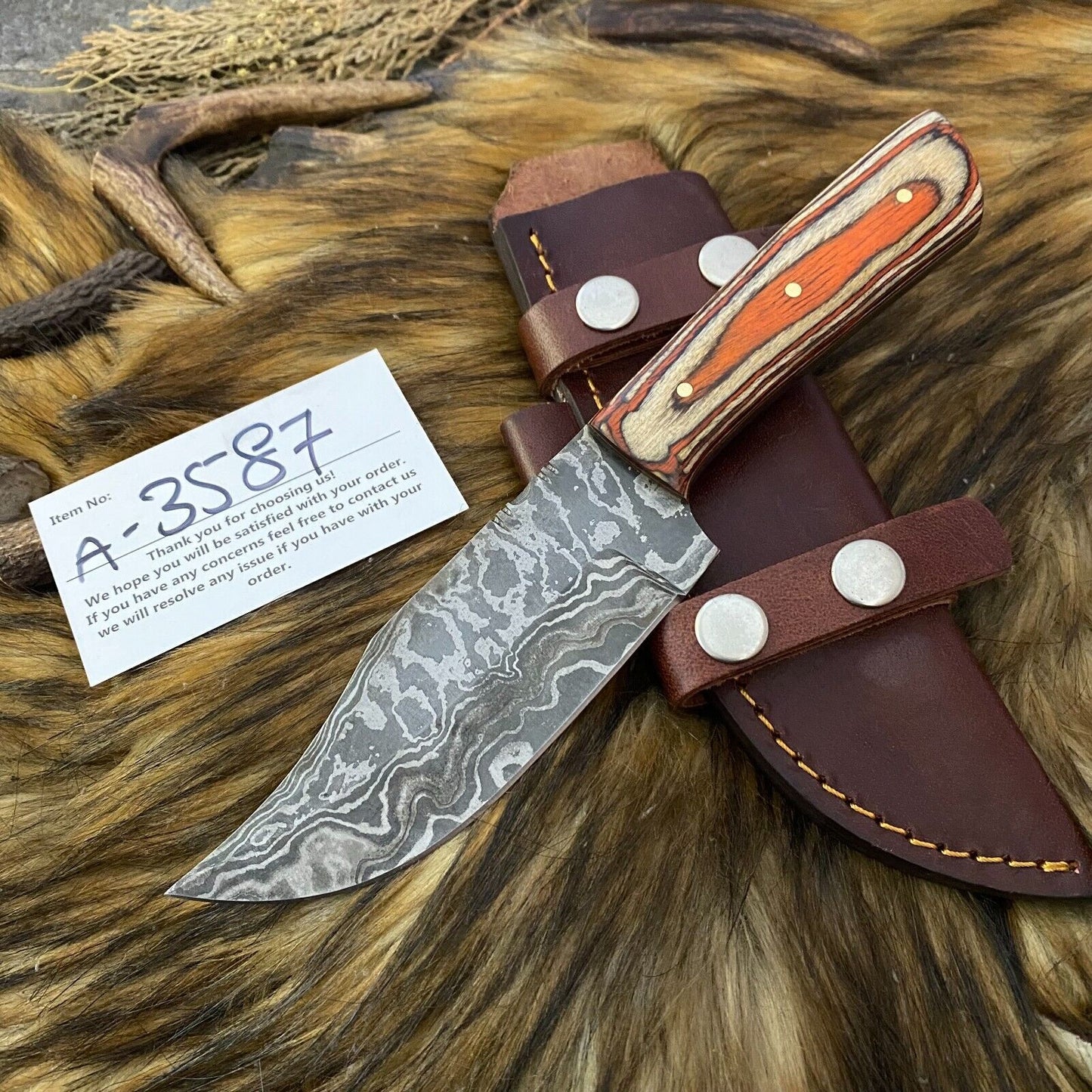 Heritage Forge Damascus Steel Hunting Skinner Knife with Rosewood Handle and Leather Sheath – Full Tang Blade