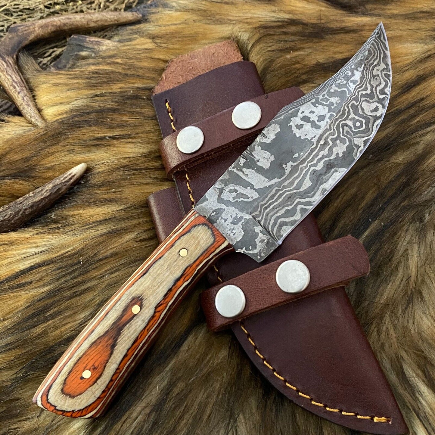 Heritage Forge Damascus Steel Hunting Skinner Knife with Rosewood Handle and Leather Sheath – Full Tang Blade