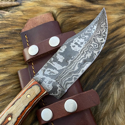 Heritage Forge Damascus Steel Hunting Skinner Knife with Rosewood Handle and Leather Sheath – Full Tang Blade
