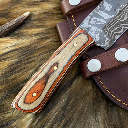 Heritage Forge Damascus Steel Hunting Skinner Knife with Rosewood Handle and Leather Sheath – Full Tang Blade