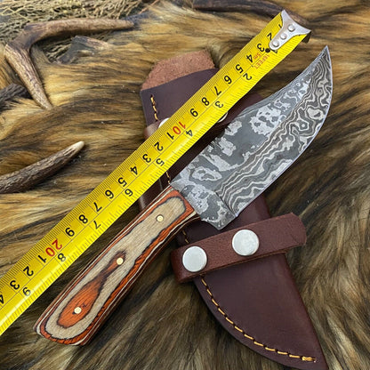 Heritage Forge Damascus Steel Hunting Skinner Knife with Rosewood Handle and Leather Sheath – Full Tang Blade