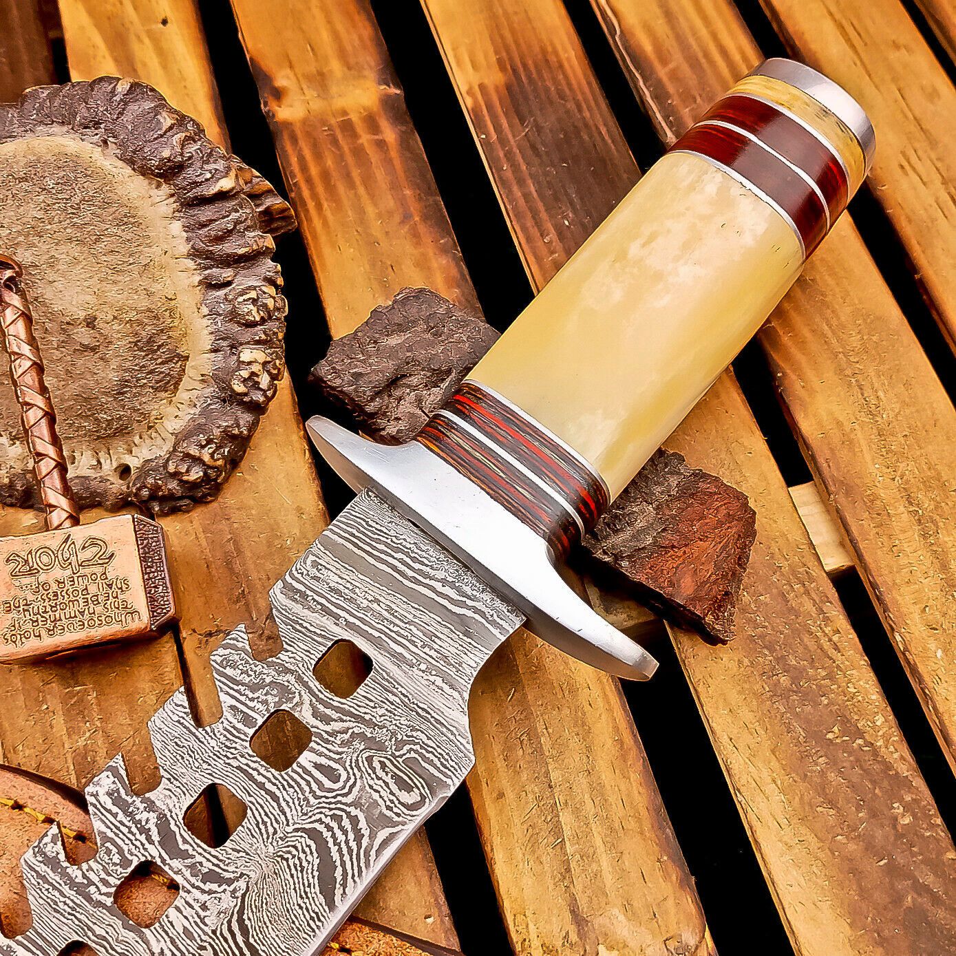 16" Damascus Steel Bowie Knife | Bone Handle & Sheath