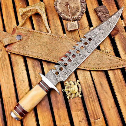 16" Damascus Steel Bowie Knife | Bone Handle & Sheath