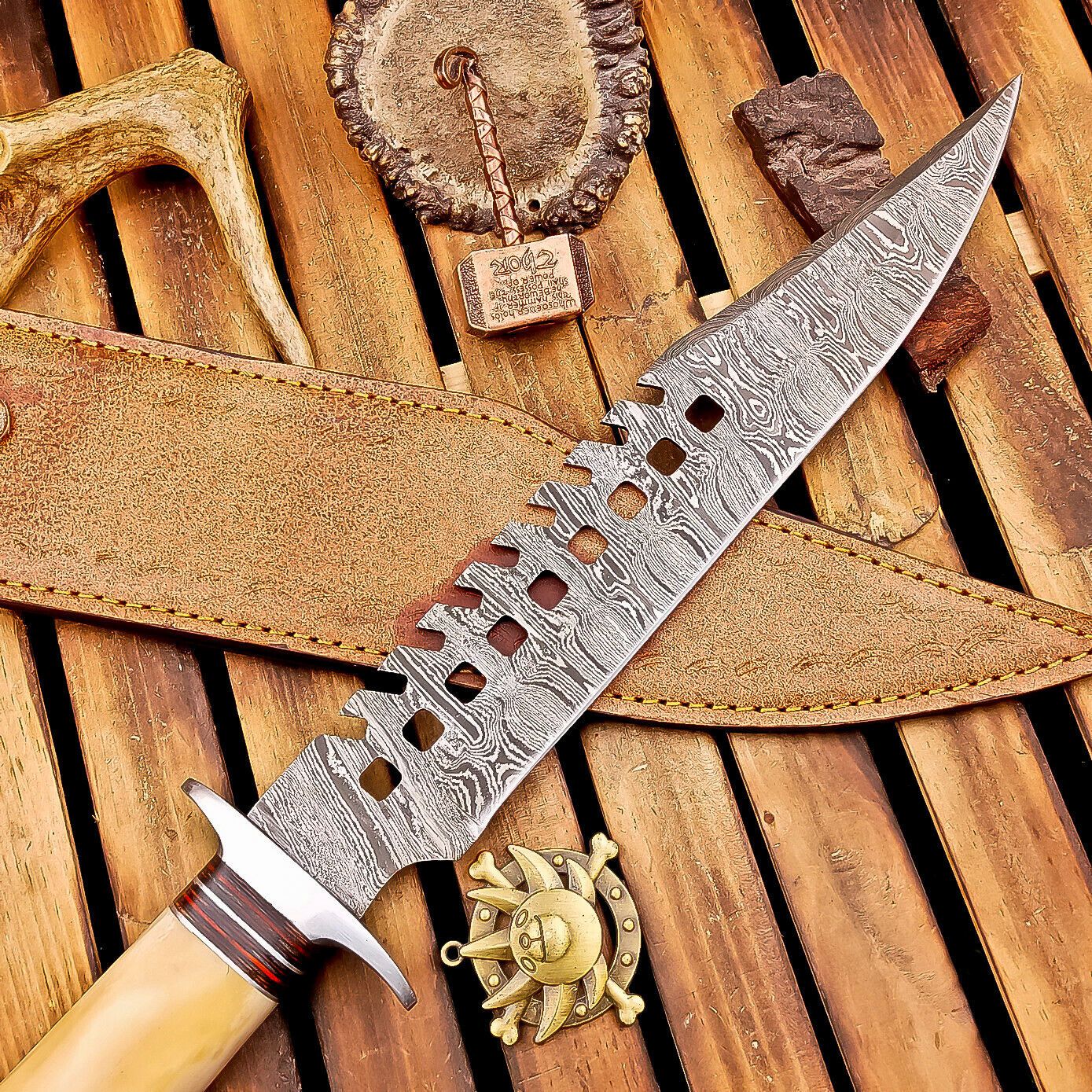 16" Damascus Steel Bowie Knife | Bone Handle & Sheath