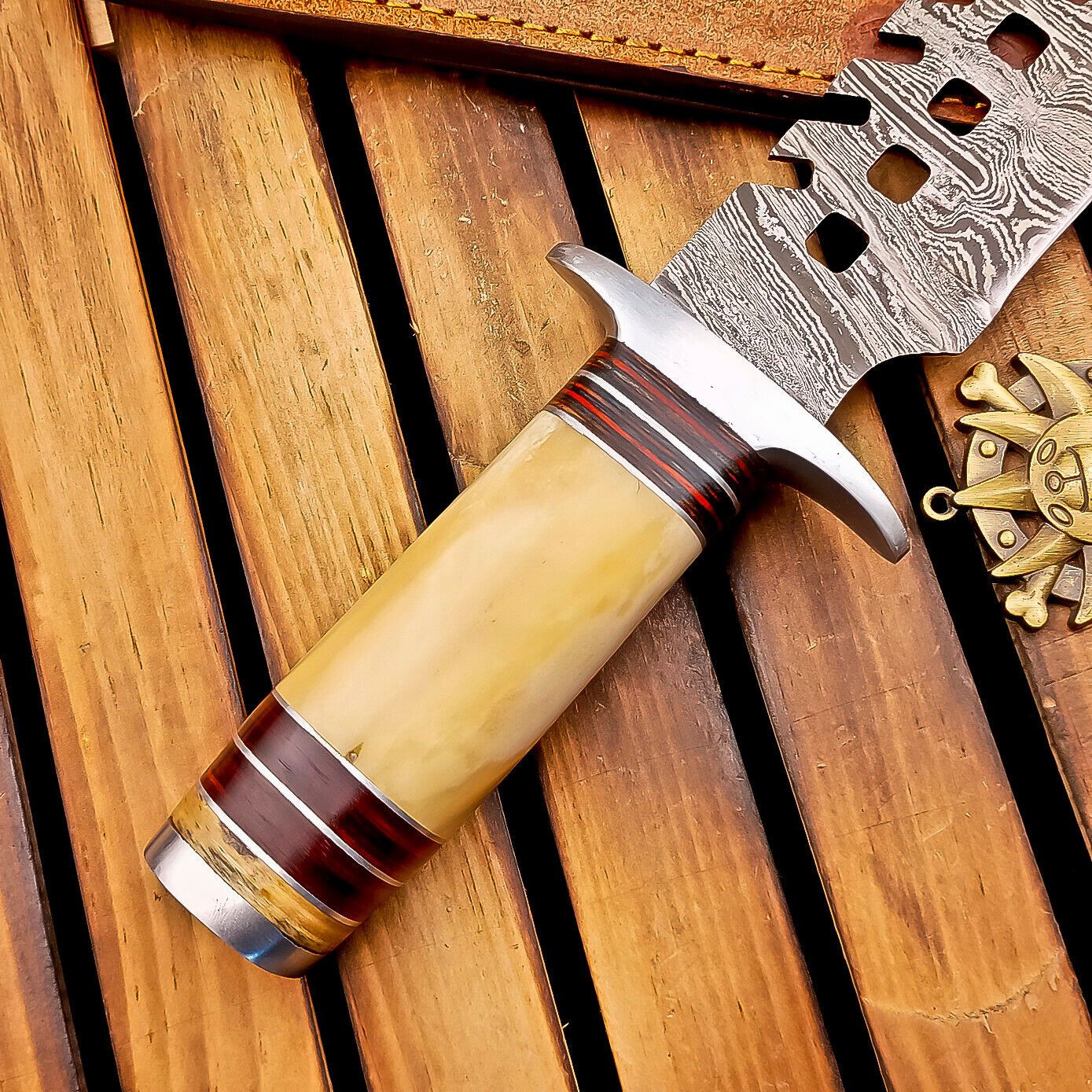 16" Damascus Steel Bowie Knife | Bone Handle & Sheath