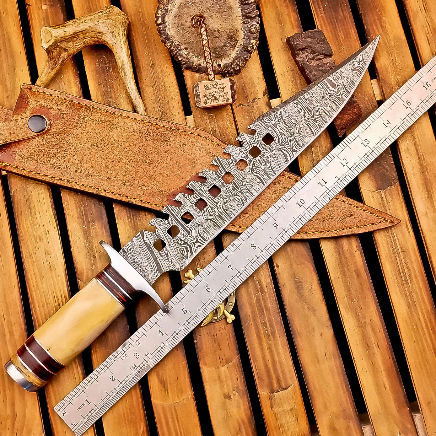 16" Damascus Steel Bowie Knife | Bone Handle & Sheath