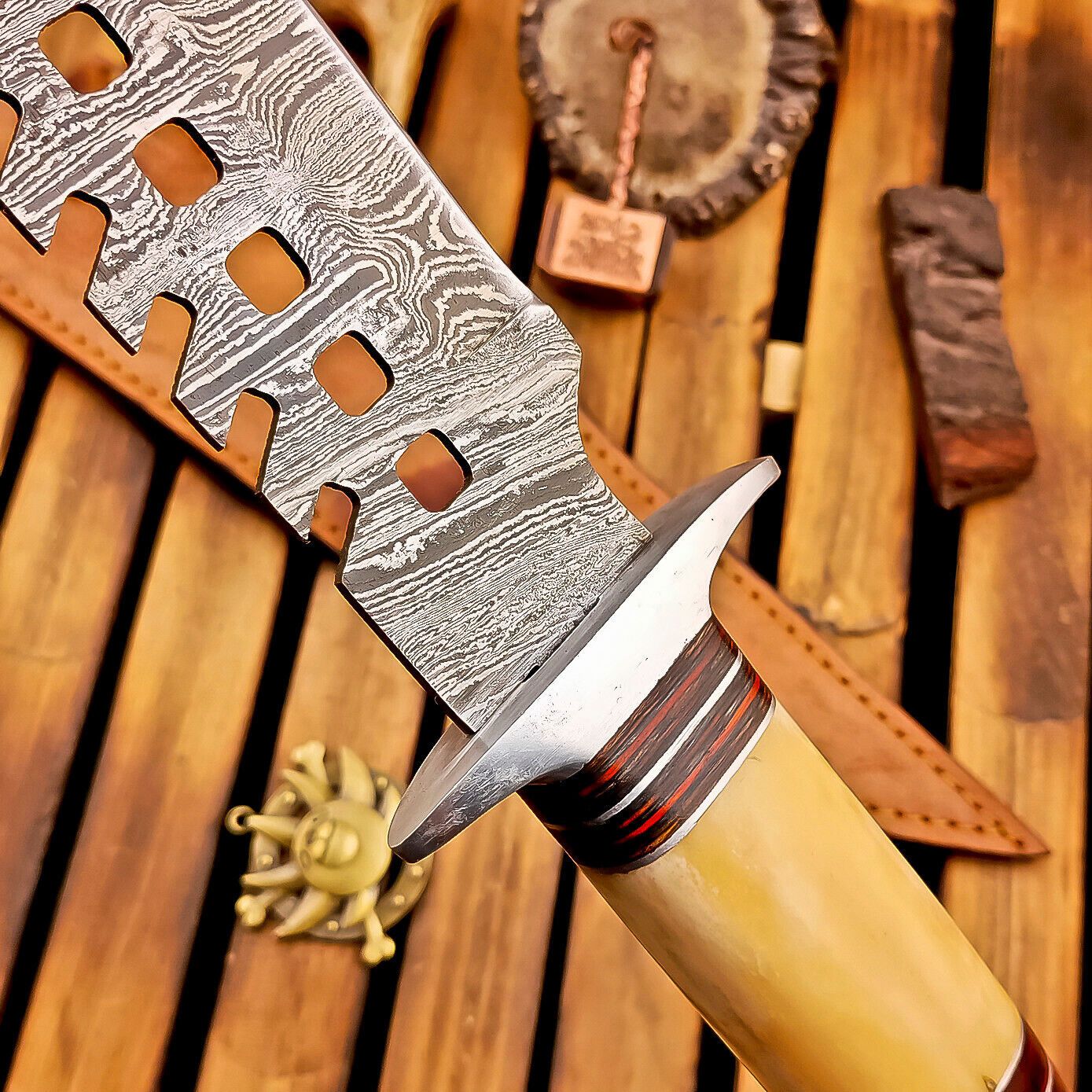 16" Damascus Steel Bowie Knife | Bone Handle & Sheath