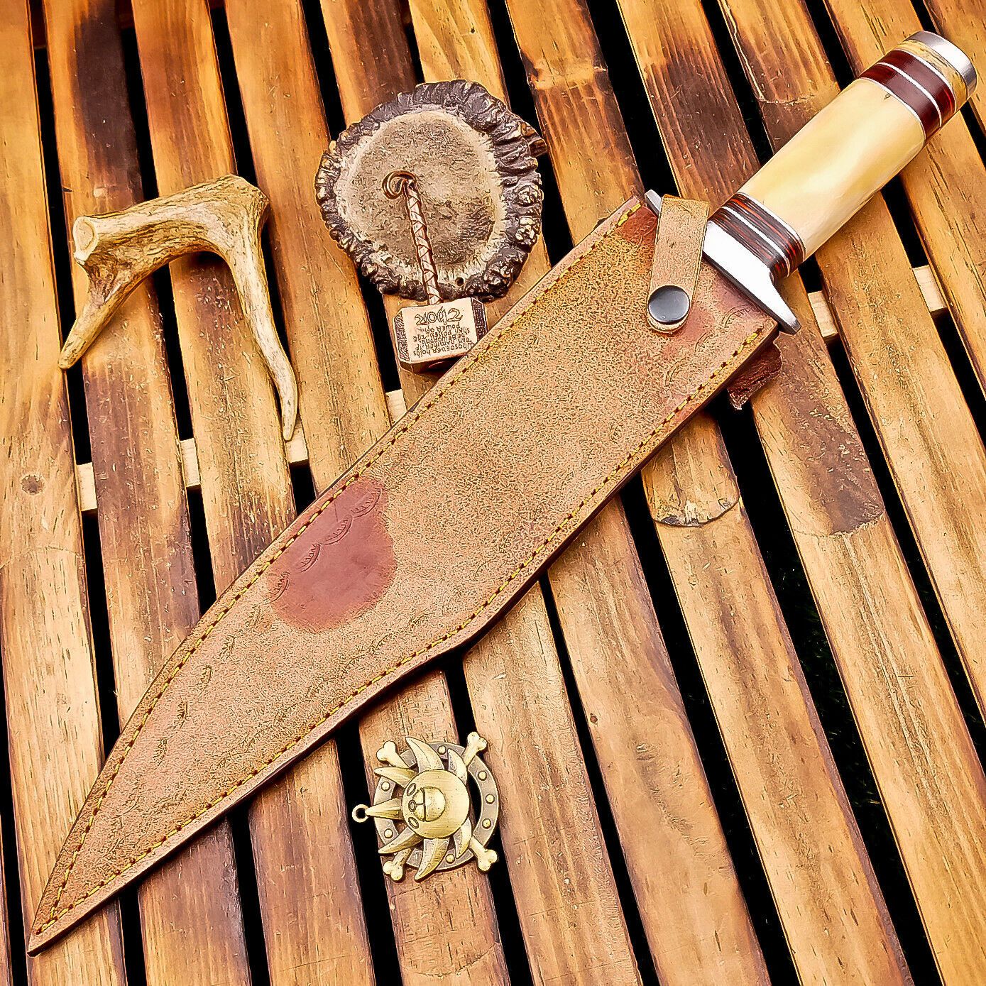 16" Damascus Steel Bowie Knife | Bone Handle & Sheath