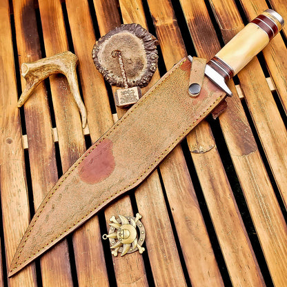 16" Damascus Steel Bowie Knife | Bone Handle & Sheath