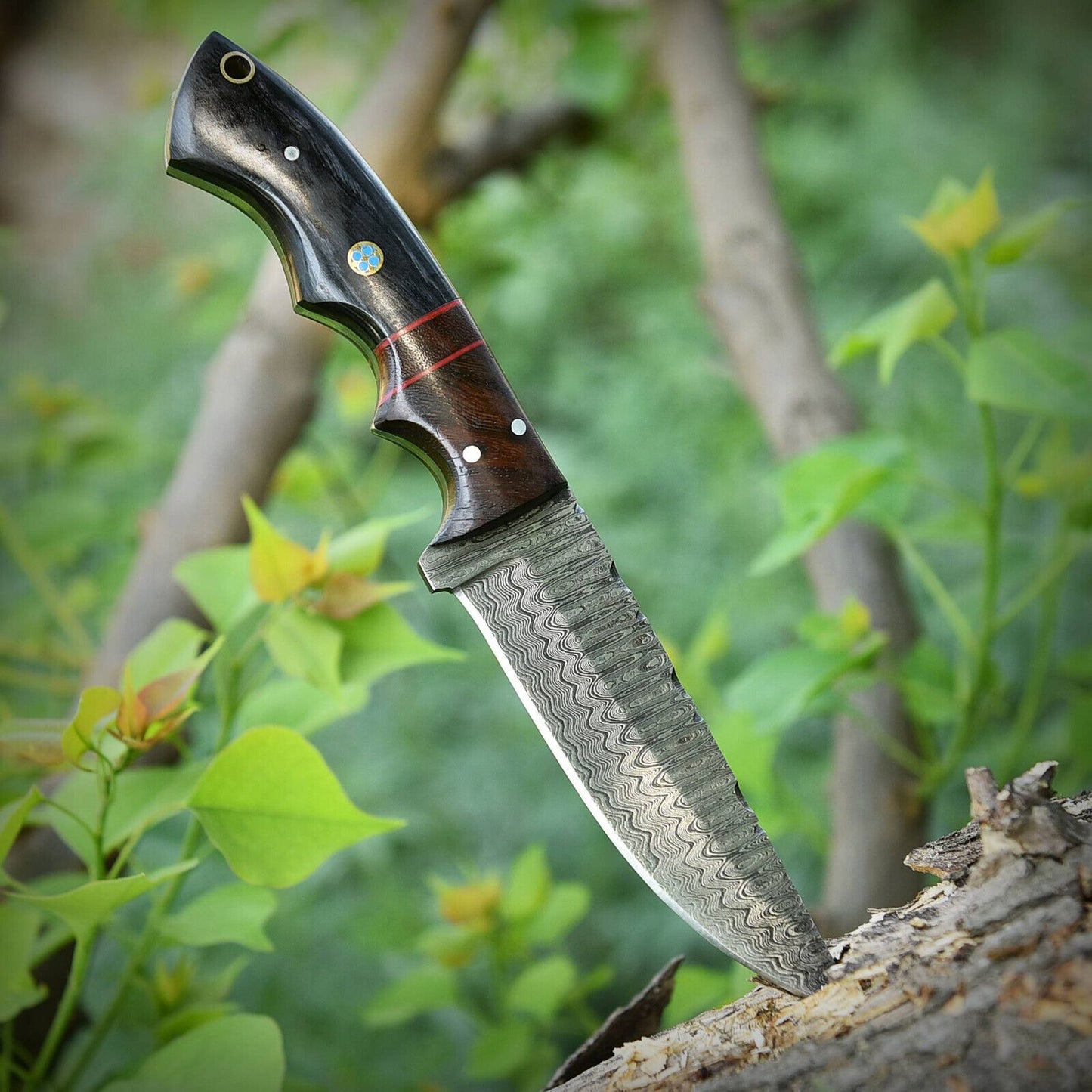 8" Damascus Bowie Knife – Pakkawood & Rosewood Handle with Leather Sheath
